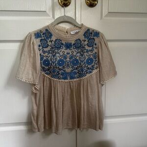THML Beige Top with Blue Embroidery